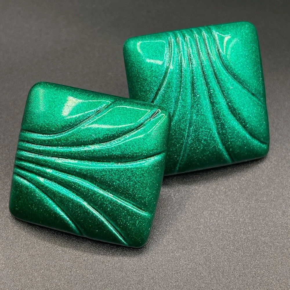 VTG Metallic Green Square Statement Abstract Swirl Clip-On Earrings Boho Retro‎